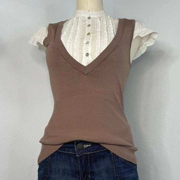 Rare Bebe Milkmaid Blouse Tank Top White Brown Small